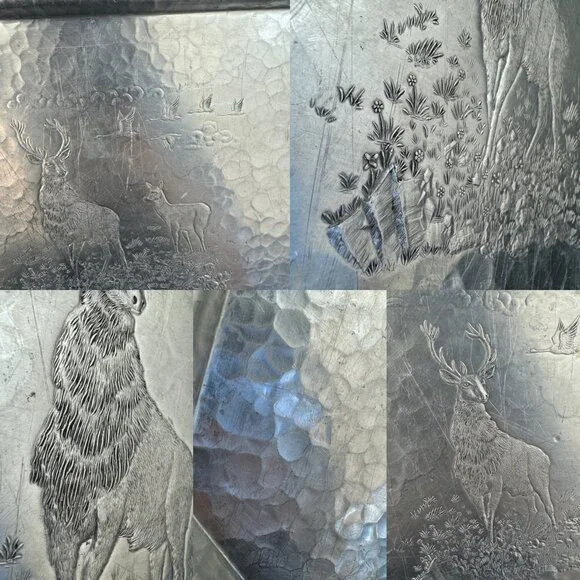 Vtg Deer‎ Geese Trade Continental Hand Wrought Hammered Aluminum Tray w Handles - Picture 6 of 11